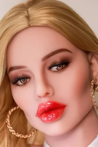 237 doll with long blonde hair and large red lips, wearing gold hoop earrings and a neutral background.