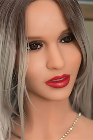 243cm doll with long, straight gray hair, dark eyes, and red lips, wearing a delicate necklace.