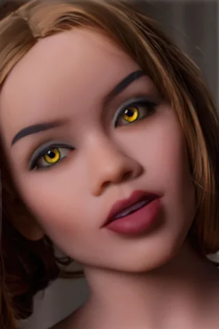 Doll with brown hair and yellow eyes, featuring a neutral expression and soft makeup.