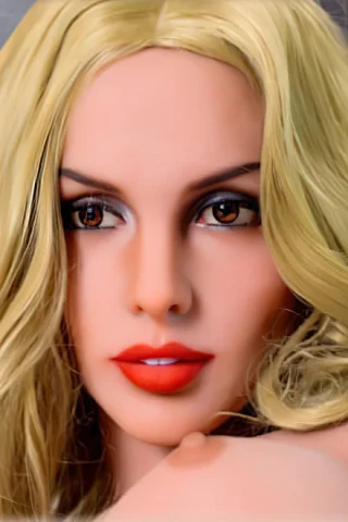 249cm doll with long blonde hair, brown eyes, and red lips, showcasing a close-up of her face.