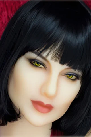 Doll with short black hair and yellow eyes, featuring a smooth complexion and subtle makeup against a red background.