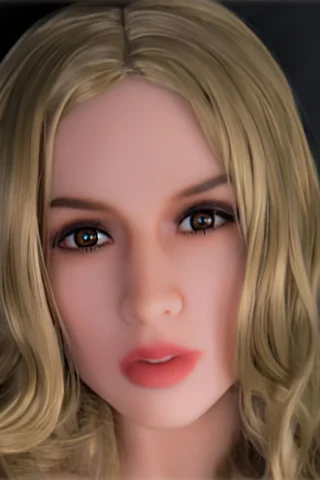 Doll, 161cm, with long blonde wavy hair and brown eyes, featuring a neutral expression against a dark background.