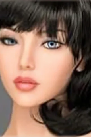 Doll, features long dark hair and blue eyes, with a neutral expression and soft facial contours.