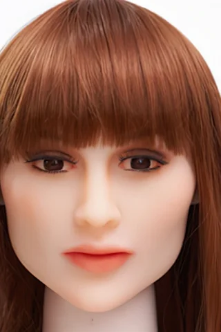 Doll head with long brown hair and soft facial features, featuring brown eyes and a neutral expression.