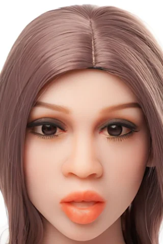 Doll head with long, straight light brown hair, featuring detailed makeup and full lips.