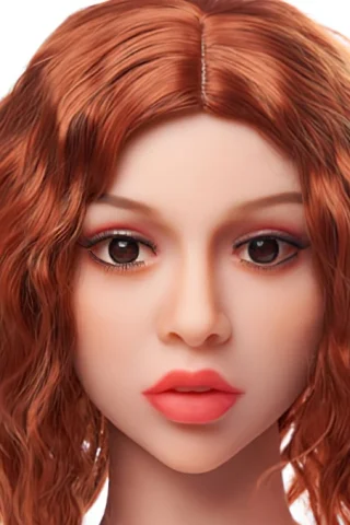 Doll with wavy red hair, brown eyes, and soft pink lips against a white background.