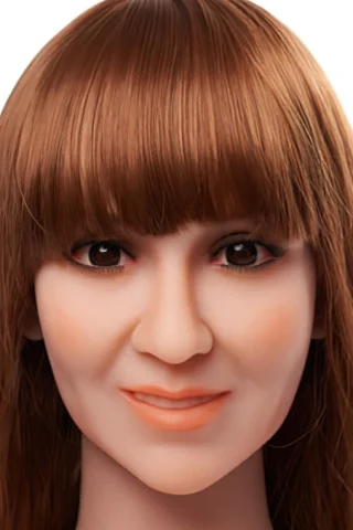 Doll head with long brown hair, featuring a smooth complexion and a subtle smile.