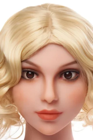 Doll head with short blonde curly hair and brown eyes, featuring a neutral expression against a white background.