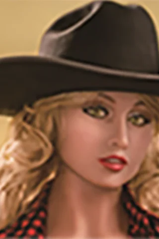 Cowgirl doll with blonde curly hair, wearing a black hat and red checkered shirt, against a yellow background.