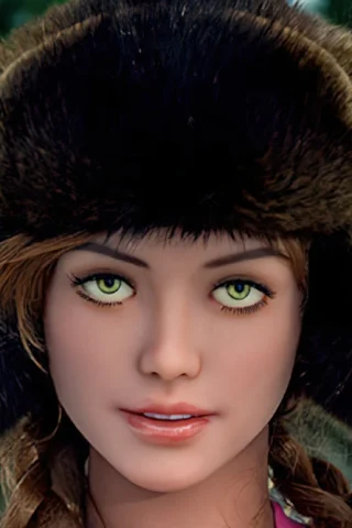 Doll with green eyes wearing a fur hat, featuring braided hair and a natural outdoor background.