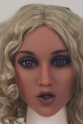 Blonde curly wig doll with dark eyes and a neutral expression, featuring a smooth skin tone.