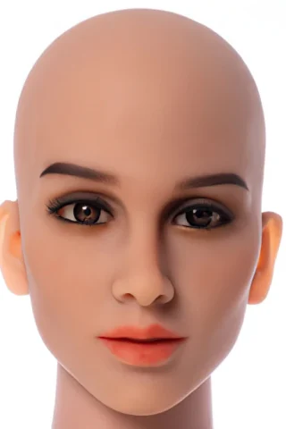 Bald mannequin head with realistic facial features, including brown eyes and subtle makeup.