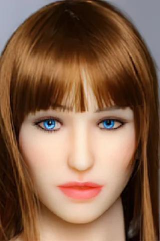 Doll head with long brown hair and blue eyes, featuring a natural expression and soft pink lips.
