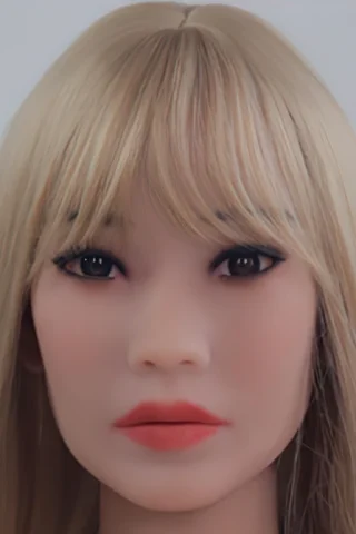 Doll with long blonde hair and dark eyes, featuring a neutral expression and subtle makeup.