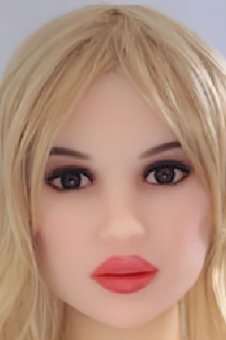 Doll head with long blonde hair, dark eyes, and natural makeup featuring soft pink lips.