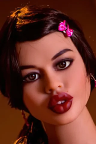 360cm doll with long dark hair, pink butterfly clips, and bold red lips, set against a warm background.