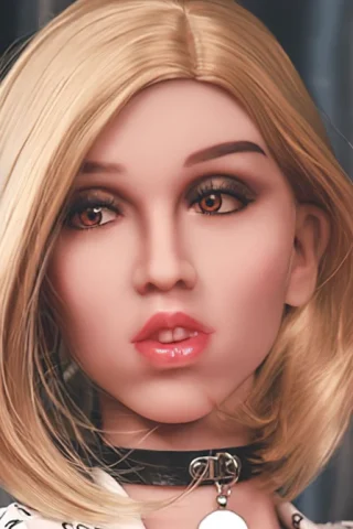 361 doll with short blonde hair, wearing a black choker and a patterned top, gazing directly at the viewer.