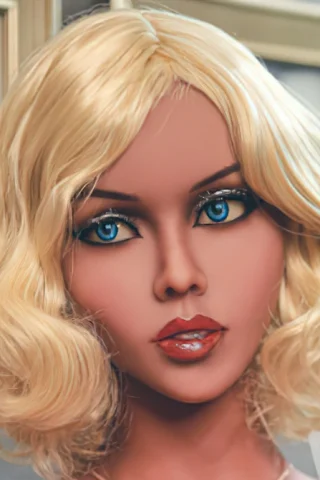 Blonde doll with curly hair and blue eyes, featuring full lips and a neutral expression.