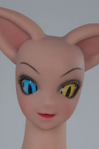 Catgirl doll with distinctively colored eyes, one blue and one yellow, featuring large ears and a smooth, stylized face.