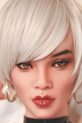 Doll with short white hair and brown eyes, wearing hoop earrings and a black outfit, posing confidently.