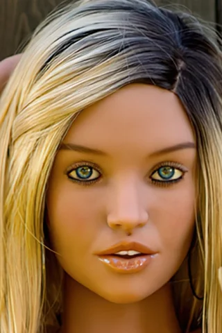 Doll with blonde hair and green eyes, posing with hands in hair against a wooden background.