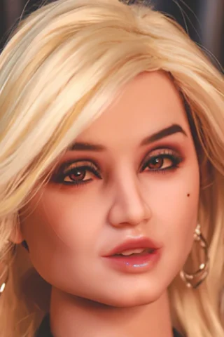 Doll 160cm with long blonde hair, wearing hoop earrings and a subtle makeup look, set against a dark backdrop.