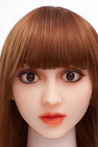 Doll head with long brown hair and brown eyes, featuring a smooth face and subtle makeup.