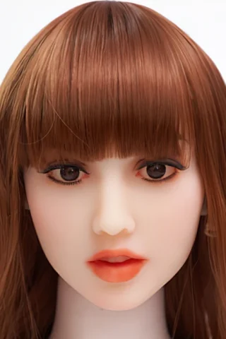 Doll head with long brown hair and straight bangs, featuring detailed facial features and soft lip color.