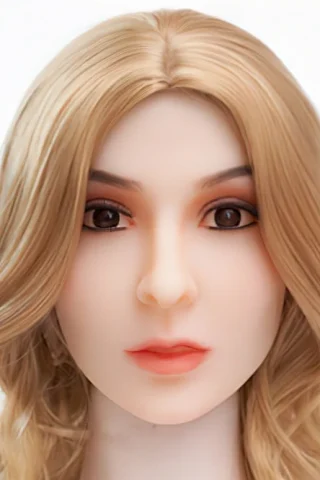 Doll head with long blonde hair and brown eyes, featuring a neutral expression and smooth skin.