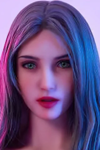 420 doll with long, straight hair featuring blue and pink highlights, green eyes, and a neutral expression against a soft gradient background.