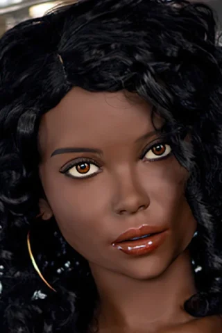 421 doll with curly black hair and brown eyes, wearing hoop earrings, looking directly at the camera.