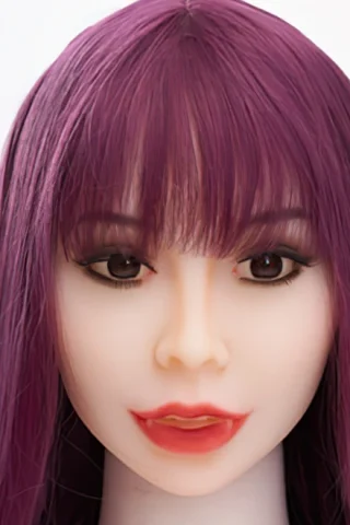 Doll with purple hair features a smooth face, dark eyes, and a subtle smile.