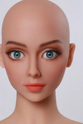 Doll head with blue eyes and light pink lips, featuring a smooth bald scalp and detailed facial features.