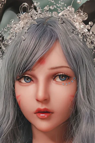 Doll 432 features long gray hair, intricate horn accessories, and a delicate veil, with striking blue eyes and facial embellishments.