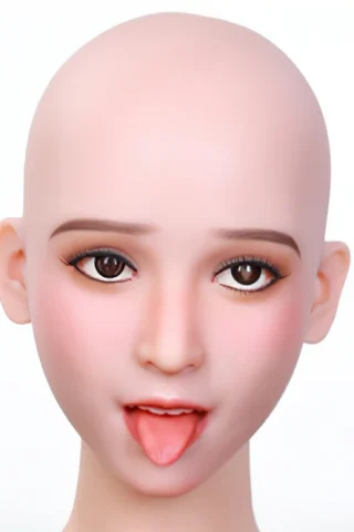 Bald doll head with brown eyes and a playful expression, sticking out the tongue.
