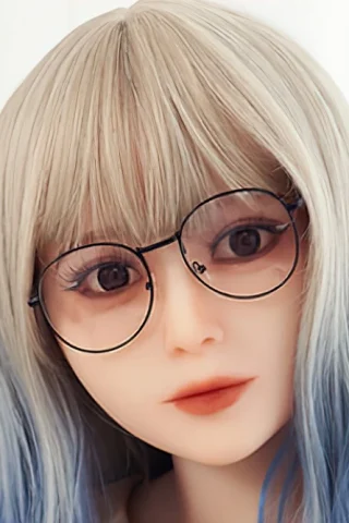 Doll with long, wavy blue and blonde hair, wearing round glasses and a neutral expression.