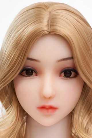 Doll head with long blonde hair, featuring a smooth complexion and detailed facial features, including dark eyes and subtle makeup.