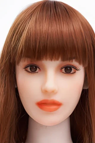 Doll head with long brown hair and straight bangs, featuring realistic facial details and soft orange lips.