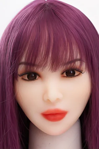 Doll head with long purple hair and brown eyes, featuring a smooth complexion and subtle makeup.