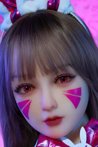 Doll with pink accents and bunny ears, featuring long hair and striking pink eyes, set against a vibrant background.