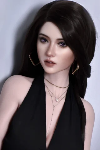 RHC035 doll with long dark hair, wearing a black halter top and layered necklaces, posing with a neutral expression.