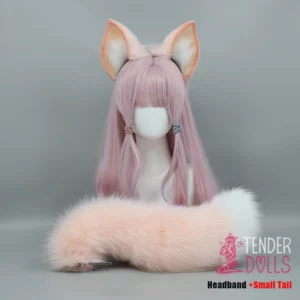 Posable love doll with pink wig, fox ears headband, and plush tail against gray background