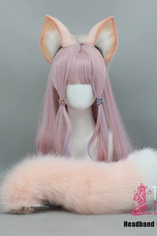 Posable Fox Ears and Tail with pink hair, featuring soft ear details and a fluffy tail.