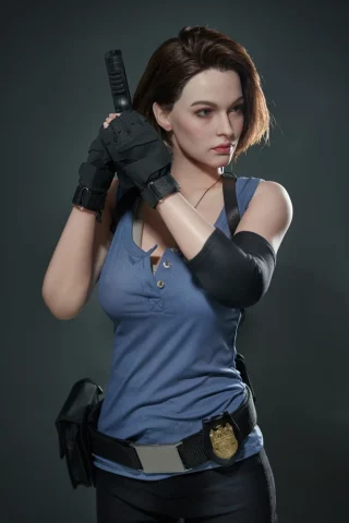 Quiet 168cm D Cup figure wearing a blue tank top, black tactical gloves, and a utility belt, holding a gun.
