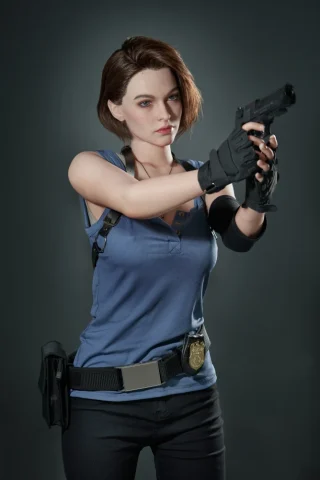 Quiet 168cm D Cup figure wearing a blue sleeveless top and black pants, aiming a gun with a serious expression.