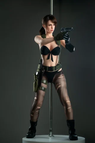 Quiet 168cm D Cup figure in a black bikini and tactical gear, holding a gun with a confident stance.