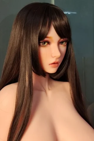 Shiina Tomoyo 150cm doll with long dark hair and green eyes, featuring a neutral expression and L-sized breasts.