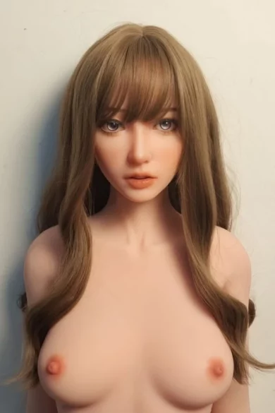 A Yoshikawa Yu 165cm ElsaBabe love doll with S-size breasts, long brown hair, and straight bangs against a plain background