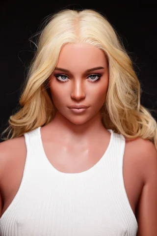 GE46 170cm Zelex doll with long blonde hair, wearing a sleeveless white top, and a neutral expression against a black background.