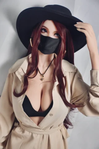 Kurokawa Mio 150cm wearing a beige trench coat, black mask, and wide-brimmed hat, with long red hair.